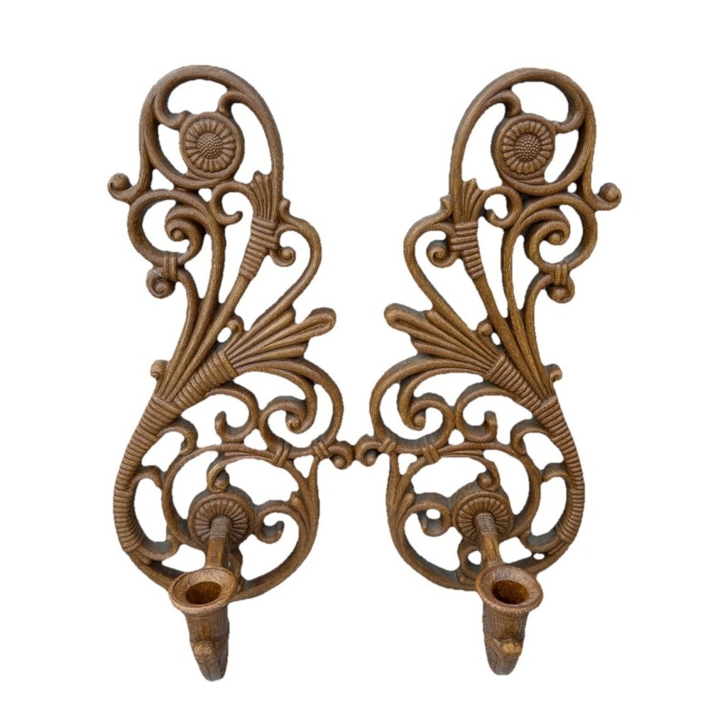 Vintage Syroco Dart Sunflower Swirl Wall Sconce Candle Holders Floral 16"